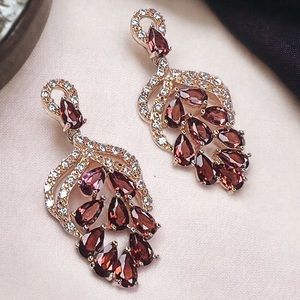 Rose Gold Garnet Dangle Earrings Sparkle Statement Red Pink Evening Gift